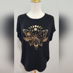 AVA JAMES Shirt Gold Graphic Cinch Tunic Casual Top Size M/P